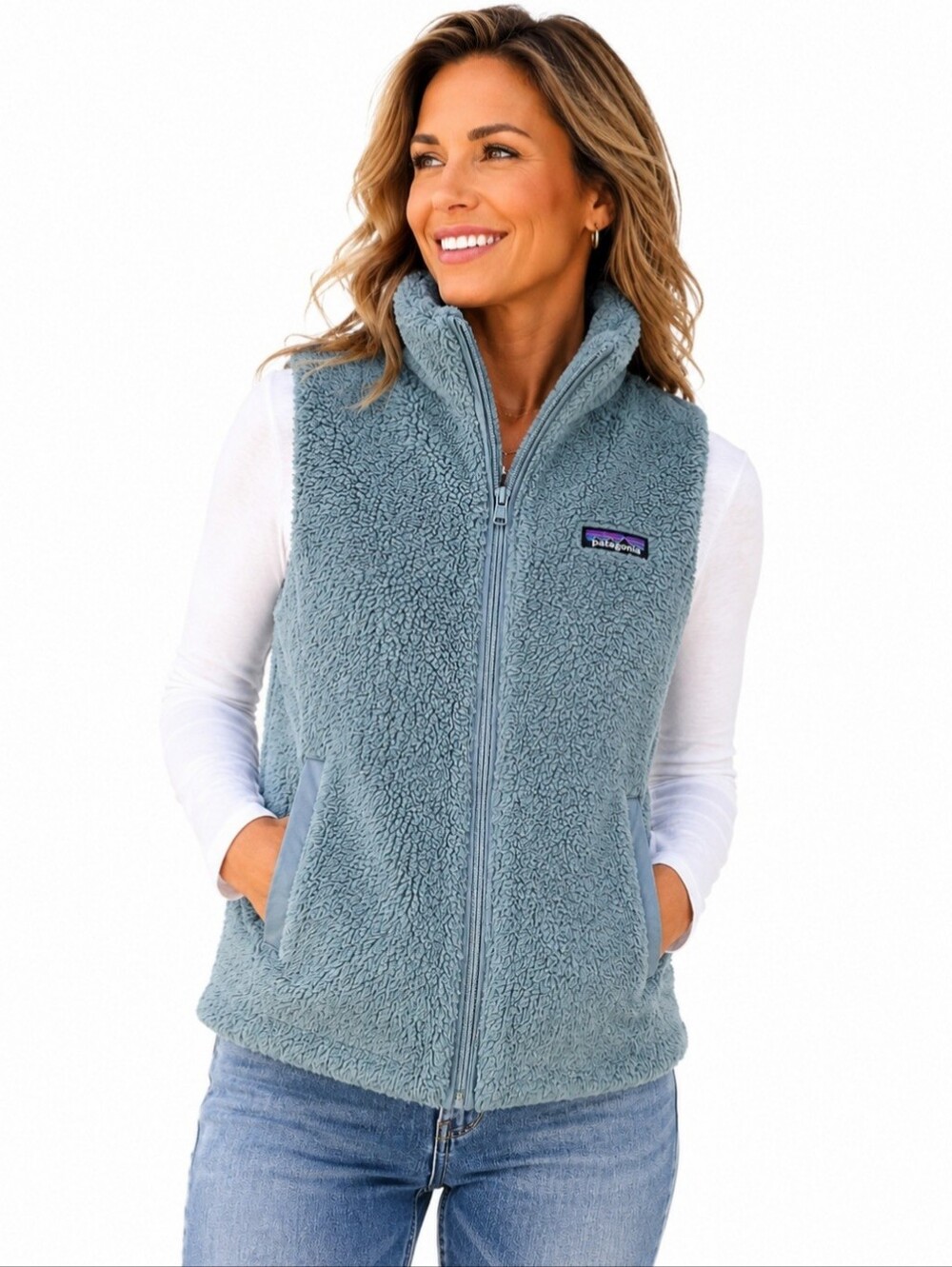 Patagonia Women Los Gatos Fleece Outdoor Vest Dusty Blue Medium Full Zip Sherpa